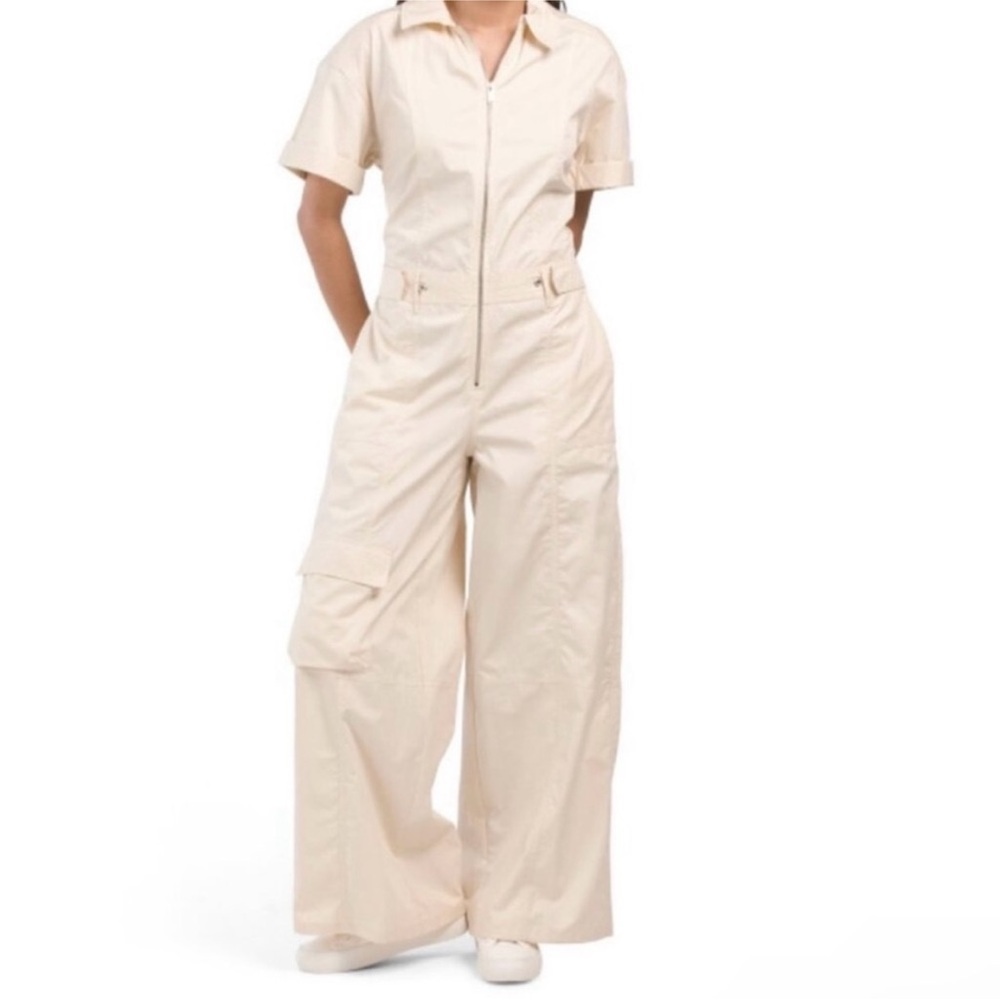 NWT ZARA Women's Beige Cotton Zip Up Cargo Jumpsuit  Wide Leg Relaxed Fit Size S